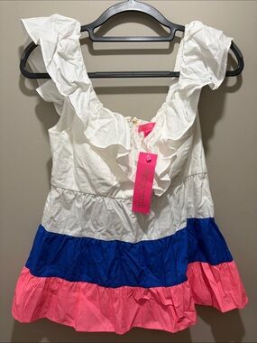 Lilly Pulitzer White Ruffled Tiered top w/ Blue & Pink size 4